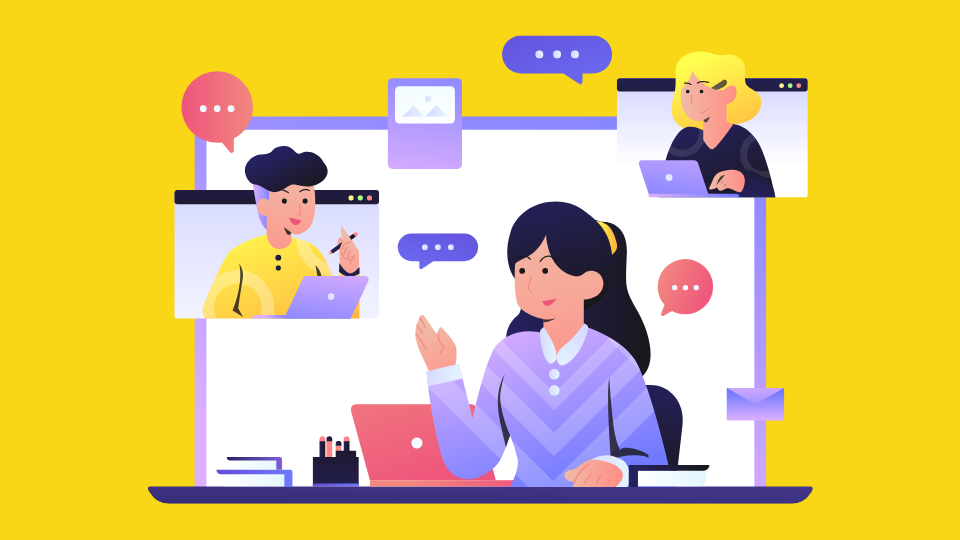 Illustration of a cluster of people on laptops or devices with message speechbubbles above their heads. The illlustration is against a yellow background.