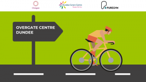 Graphic of a cyclist on a road bike against a gree background. Direction sign in dark grey pointing right with the words Overgate centre, Dundee in white written on it. Logos of Overgate shopping centre dundee, Dundee Carers Centre and Puregym Dundee along the top of the graphic.