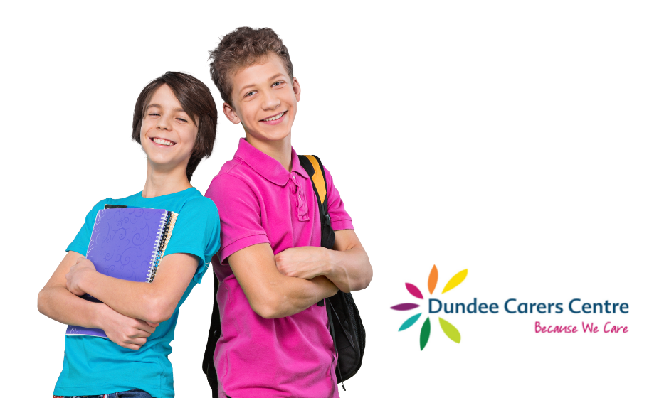 Two pre-teen boys standing back to back one holds a large purple notebook and the other has a school bag over his shoulder and has his arms crossed. Dundee Carers Centre logo is positioned bottom right.