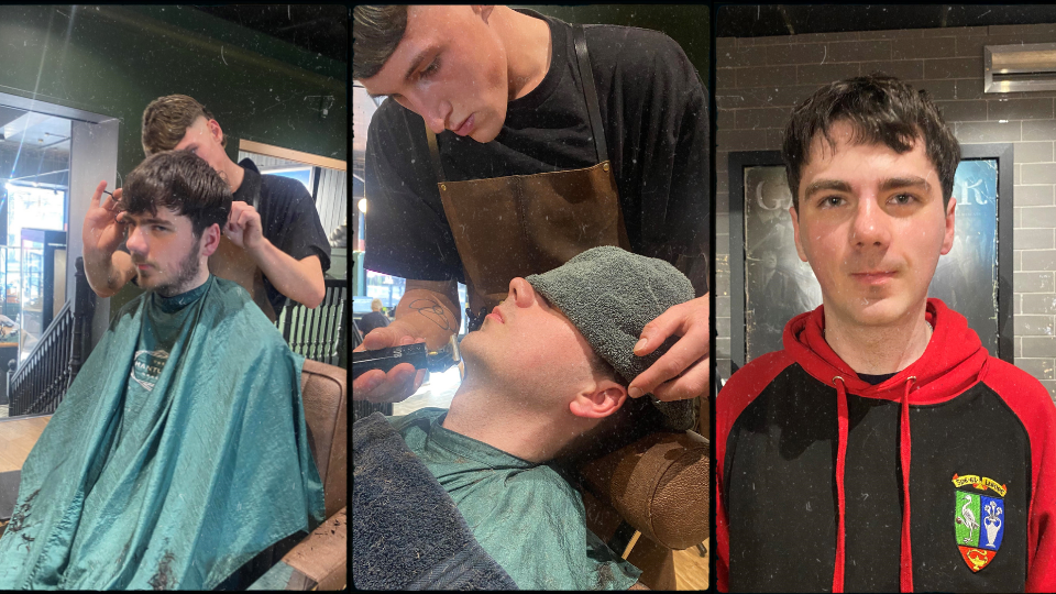3 photos split. One is Jack a Young Carer Ambassador receiving a haircut at the Mantuary Dundee. Second is a photo of jack receiving a shave. the last image is a photo of Jack after the treatment.
