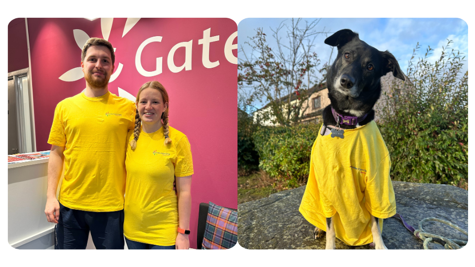 Left image: Jordan Ward and Sarah Herd from Dundee Carers Centre stand in C Gate centre. Right image: Doris the dog poses with a Dundee Carers Centre t-shirt.