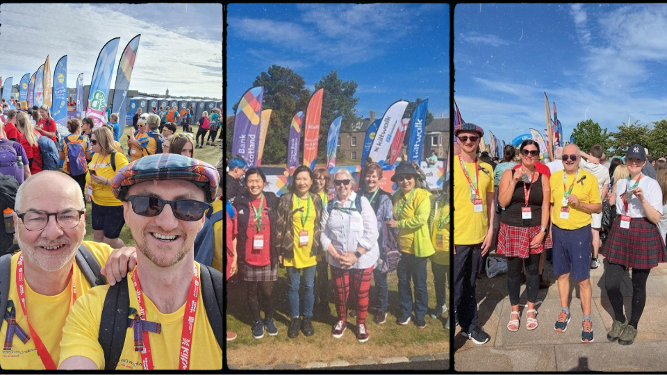 Left image: Alan Convenor of Board of Trustees and Neil Campbell, CEO Dundee Carers Centre pose at the start of Kiltwalk. Middle image: Happy Feet Walking group photo at the start of the Kiltwalk. Right image: Dundee Carers Centre staff group photo after kiltwalk