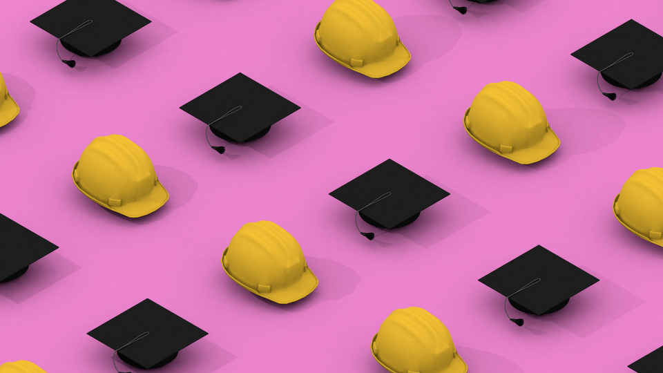 Image of rows of hard hats and graduation hats against a pink background