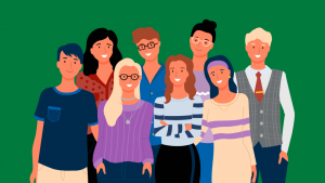 Illustration of a group of people standing together against a green background.