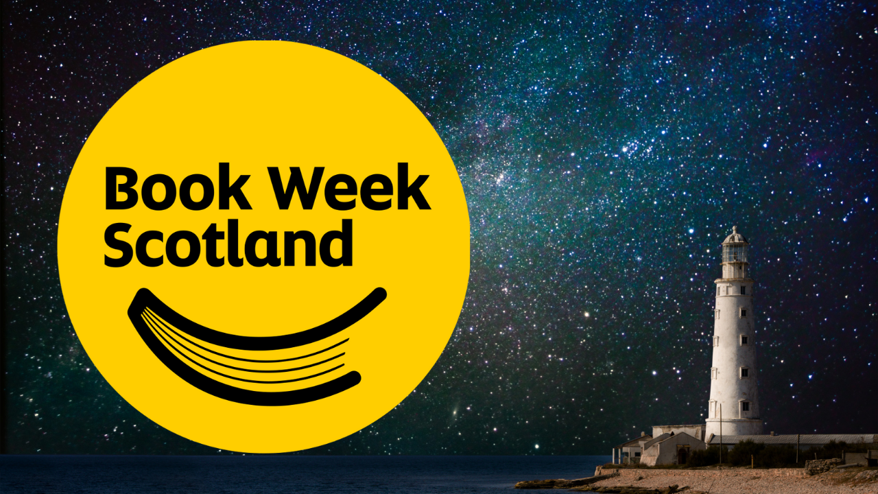 Image of a starlit night sky with a lighthouse situated bottom right. Book Week Scotland logo.