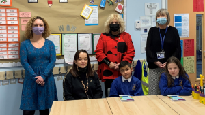 In the picture Sarah Boath. Dundee Carers centre, Audrey May, Dundee City Council, Lorna Dashwood (Head Teacher – Our Lady’s PS) – Sandra Kelbie and two young carers from school.