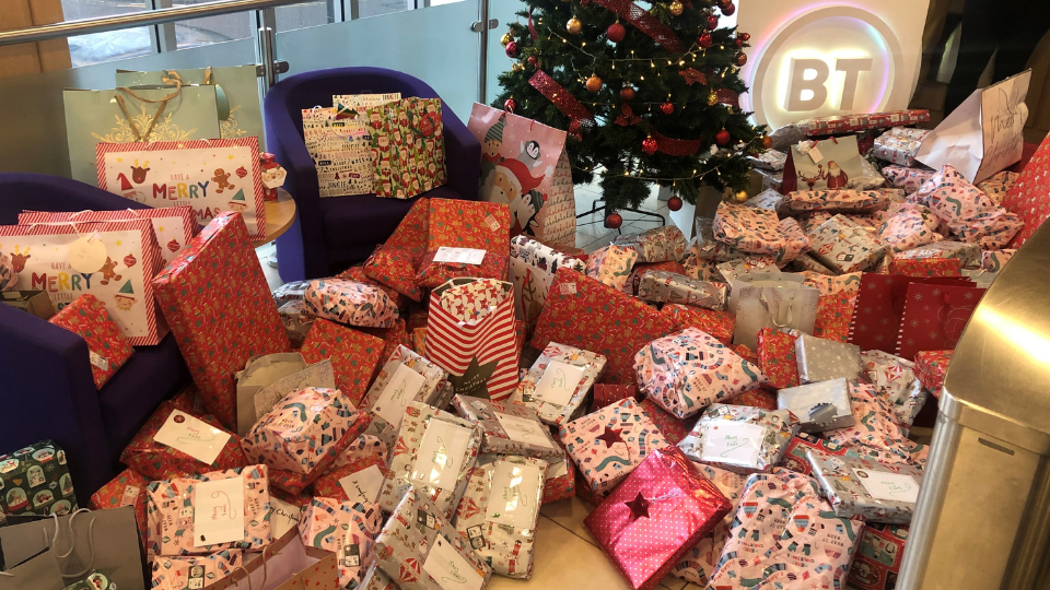 Picture of all the presents that have been donated to Young Carers in Dundee by the Staff at BT Dundee