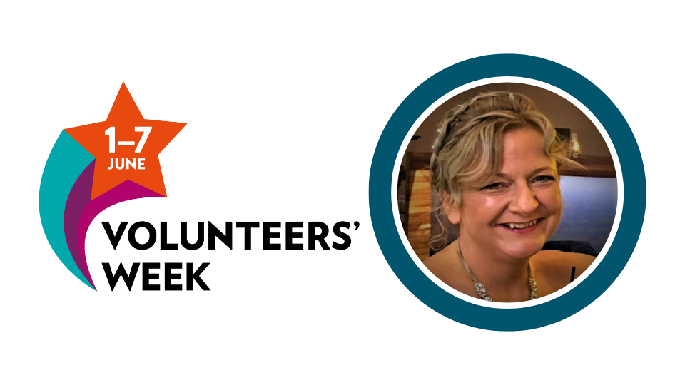Photo of Carolyn Johnstone Trustee in a round frame. Volunteers week logo is to the left of this image.