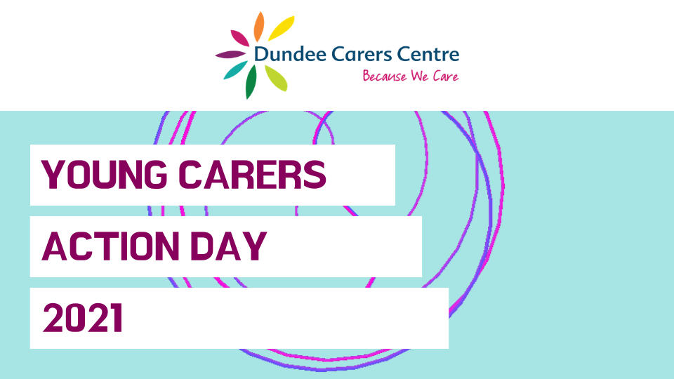 Graphic blue background with text Dundee Carers Centre logo on to and text underneath: 