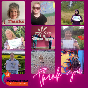 Grid image of staff with thank you signs for Volunteers Week