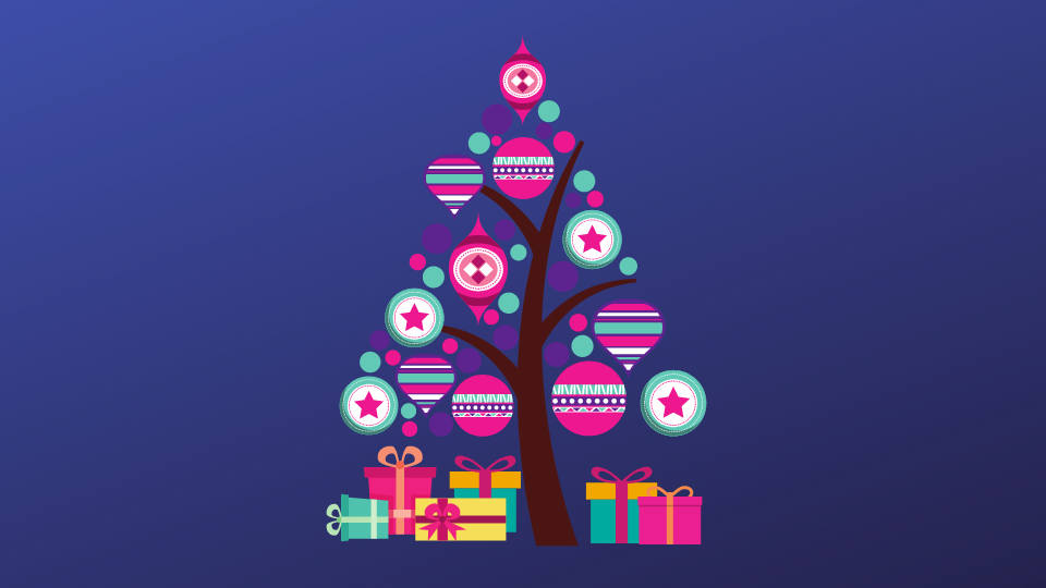 Graphic of a Christmas Tree with large baubles. Blue background