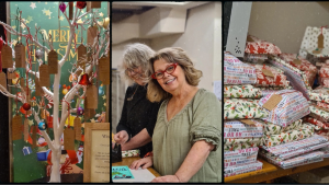 1st image: photo of the Wishtree displayed at Waterstones Dundee. 2nd image: Elaine and Moira Wishtree Volunteers smile together while they wrap presents. 3rd Image: Piles of wrapped presents for young carers.