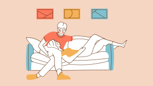 Illustration of a man and a woman sitting on a sofa. The woman is lying across the sofa with her head on the mans lap looking up at him..