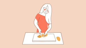 Illustration of a woman standing chopping carrots.