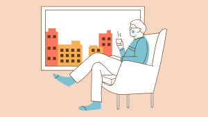 Illustration of a man with glasses on sitting cross-legged in an armchair with a hot drink by a window with a city view.