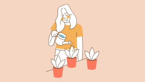 Illustration of a woman watering potted plants.