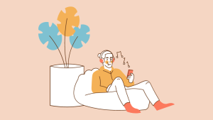 Illustration of a young adult man sitting on a beanchair next to a large houseplant, listening to music.