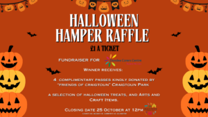 Halloween Hamper Raffle fundraiser poster with pumpkin and bat decorations, offering 4 complimentary passes and Halloween treats, closing 25 October.