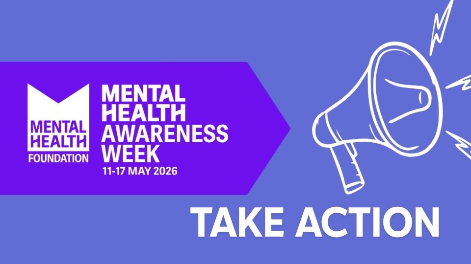 A graphic for Mental Health Awareness week 2026. Illustration of a megaphone to the right. Text 