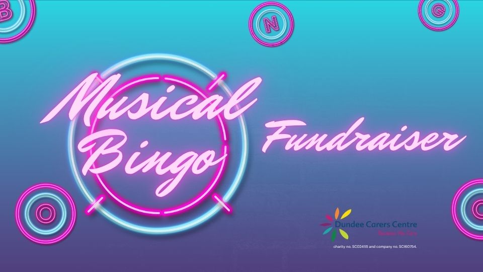 Musical Bingo fundraiser in neon pink against an 80's retro blue-neon pink ombre.