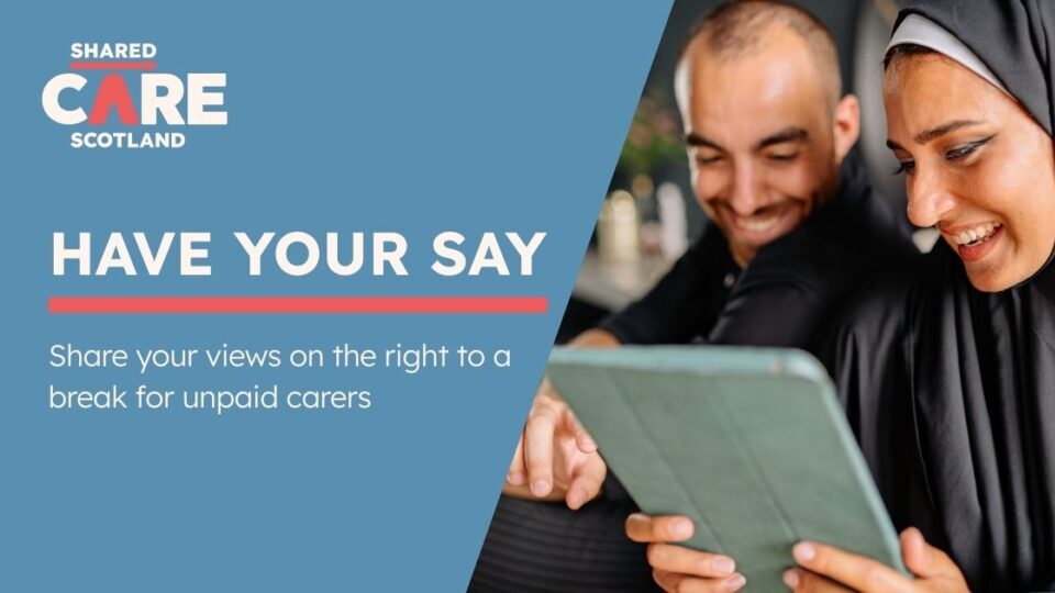 Two people looking at a digital tablet. Graphic to promote short breaks consultation.