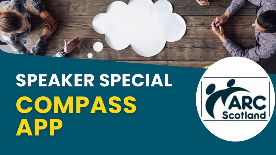 Down view of a table with people seated round. Big white speeck bubble is in the middle of the table. Bottom right ARC logo within a circle.