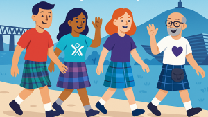 An illustrative graphic showing a group of people wearing kilts against famous Dundee landmarks.
