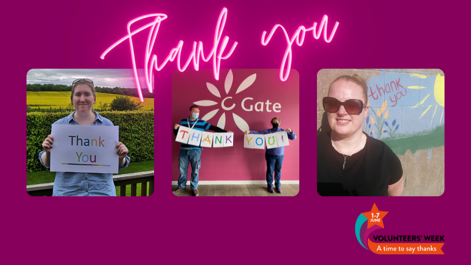 Grid of staff images with thank you signs. A neon pink Thank you is along the top with the volunteers week logo in bottom right corner.
