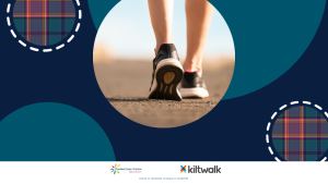 Dark blue background semi-blue circles top right and bottom left. Two circles with Dundee Carers Centre tartan. Circle in the centre with a picture of a close up of a person feet in trainers.