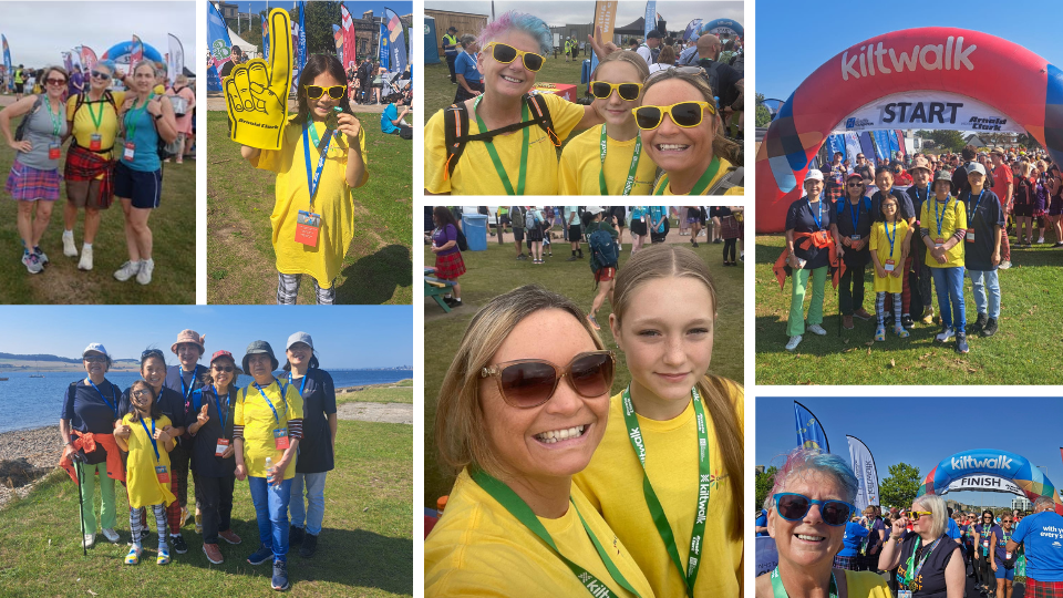 Collage of different photos showing walkers that took part in Kiltwalk 2025