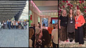 photo 1: Group photo of carers and Dundee Carers Centre staff outside the V&A Photo 2: View of un[aid carers getting a tour round the V&A Dundee exhibition. Photo 3: Leanne, Lisa and Marthe from the Short Breaks team standing on a thick rug display at the V&A exhibition.