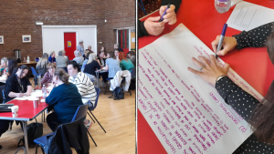 Two images First is staff from primary and secondary schools meeting to share working practices in identifying and supporting young cares. Second image is a close-up of ideas written down by one of the table discussions.