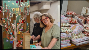 1st image: photo of the Wishtree displayed at Waterstones Dundee. 2nd image: Elaine and Moira Wishtree Volunteers smile together while they wrap presents. 3rd Image: Piles of wrapped presents for young carers.